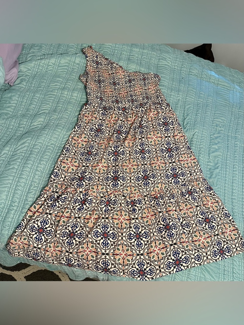 Knox Rose one shoulder Cream Navy Orange Mosaic Floral Print Women’s Dress 1X